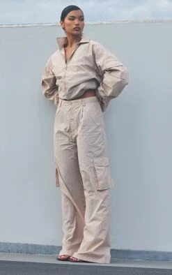 Prettylittlething Stone Textured Pocket Detail Straight Leg Pants Stone