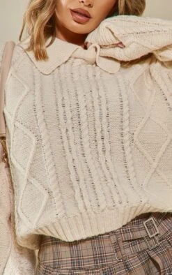 Prettylittlething Stone Cable Knit Collared Oversized Sweater Stone -Prettylittlething dd21718fd27d98a4471f879ee5f1d64385c77f01 cmz8148 4