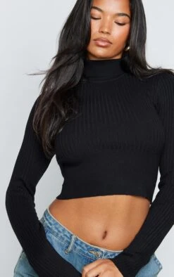 Prettylittlething Black Ribbed Knitted Roll Neck Cropped Sweater Black -Prettylittlething ddca6bba1a79c6df1ad7447f5bb513d554e092b5 cnf2253 4