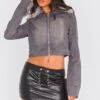 Prettylittlething Washed Grey Faux Fur Trim Denim Biker Jacket Washed Grey