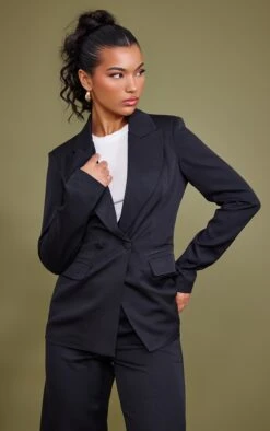 Prettylittlething Black Woven Pocket Detail Double Breasted Blazer Black