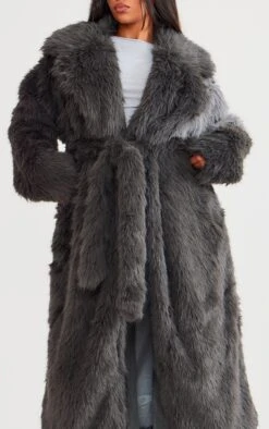 Prettylittlething Grey Belted Contrast Faux Fur Maxi Coat Grey -Prettylittlething df49030e66f7a32d37dffe3213043078b75298f5 cnf7819 4
