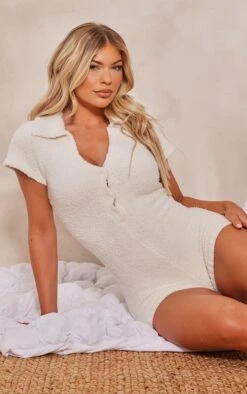Prettylittlething Cream Teddy Knit Romper Cream