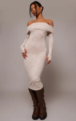 Prettylittlething Mocha Ribbed Bardot Long Sleeve Midi Dress Mocha