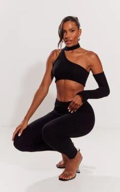 Prettylittlething Black Rib Knit One Sleeve Top & Leggings Set Black -Prettylittlething e0cfa48481c517818c0d01e629f36b418493c52f cng2586 3