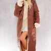 Prettylittlething Brown Faux Leather Longline Aviator Belt Detail Coat Brown
