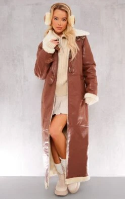 Prettylittlething Brown Faux Leather Longline Aviator Belt Detail Coat Brown