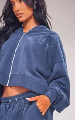 Prettylittlething Navy Premium Tonal Print Zip Up Boxy Hoodie Navy -Prettylittlething e22f89bf6ff1068d2014ba3b000a98d999c8741a cnf8432 4