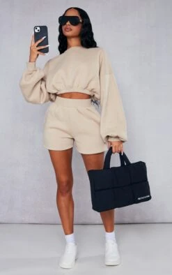 Prettylittlething Beige Overszized Thick Waist Band Runner Shorts Beige