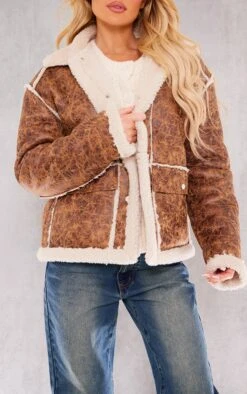 Prettylittlething Brown Distressed Pu Borg Detail Collared Jacket Brown -Prettylittlething e27060933ad4ff8ce410bc855d36659965db3c13 cng3039 4