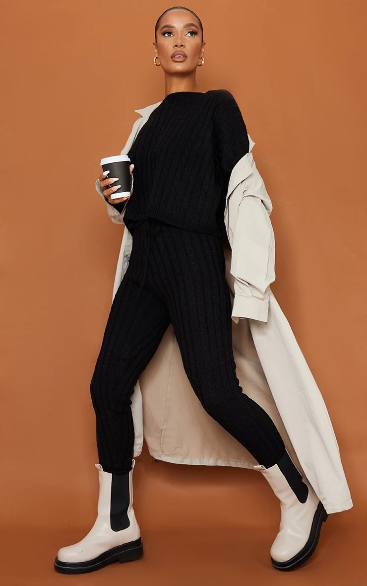 Prettylittlething Black Cable Knit Jumper & Legging Set Black 1 Prettylittlething Black Cable Knit Jumper & Legging Set Black