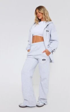 PRETTYLITTLETHING Ash Grey Logo Badge Wide Leg Sweatpants Ash Grey