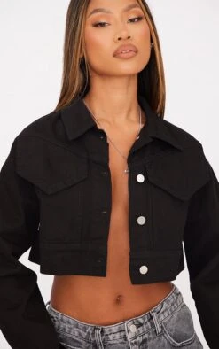 Prettylittlething Washed Black Super Cropped Boxy Denim Jacket Washed Black