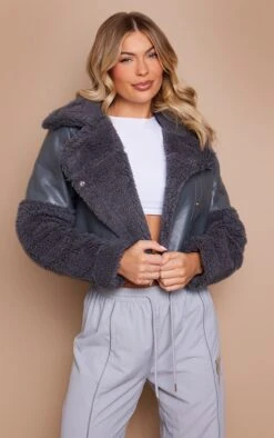 Prettylittlething Grey Statement Borg Trim Faux Leather Aviator Jacket Grey