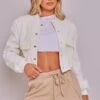 Prettylittlething Ecru Ribbed Trim Shoulder Padded Bomber Jacket Ecru