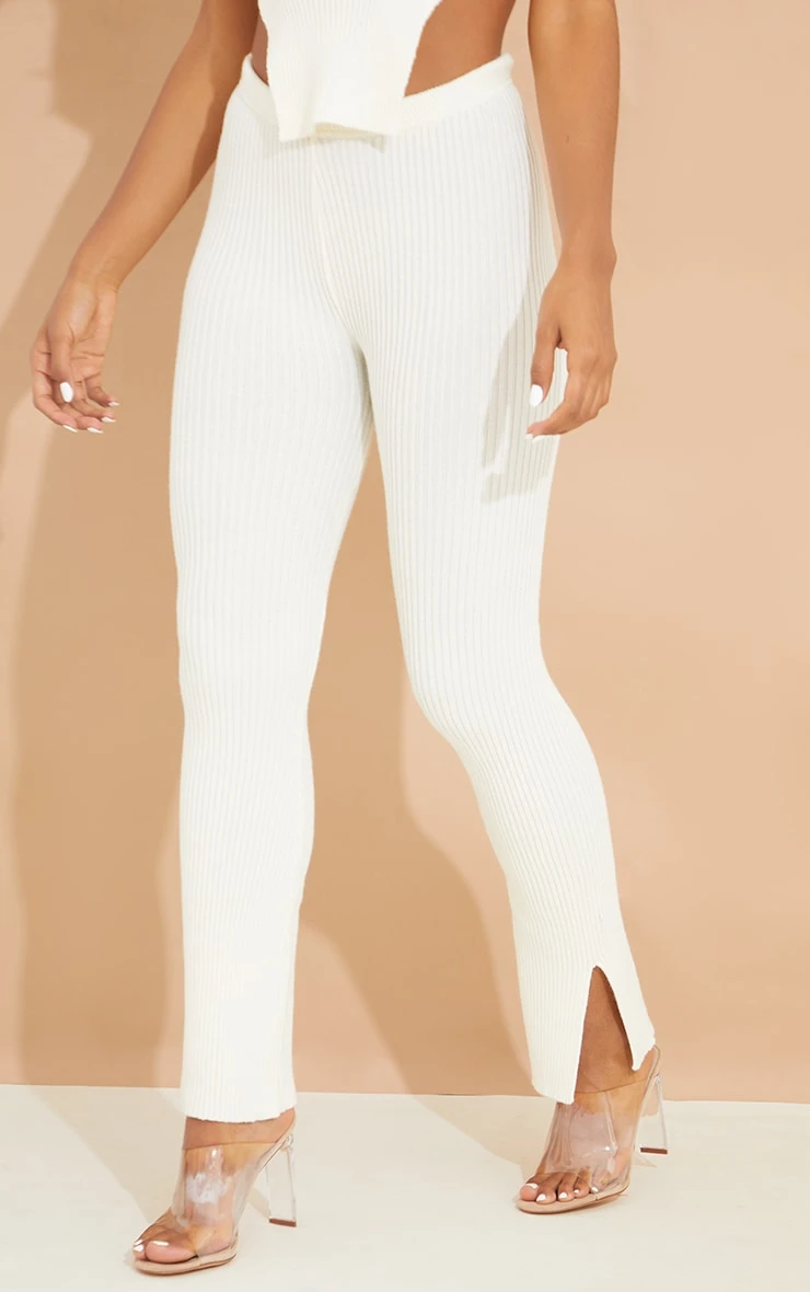 Prettylittlething Cream Ribbed Knit Wide Leg Pants Cream 2 Prettylittlething Cream Ribbed Knit Wide Leg Pants Cream - Image 2