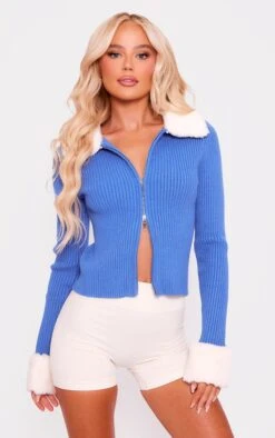 Prettylittlething Baby Blue Double Zip Fur Knit Cardigan Baby Blue