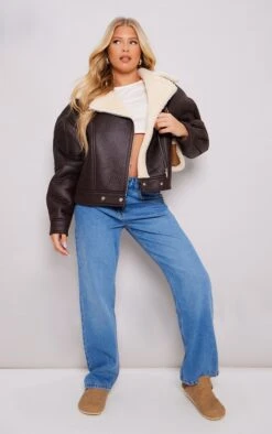 Prettylittlething Chocolate Borg Lined Biker Detail Aviator Jacket Chocolate -Prettylittlething eabb8abe1a7ce948c8dfe4a8e5f4d560aab60c4e cnf1411 3