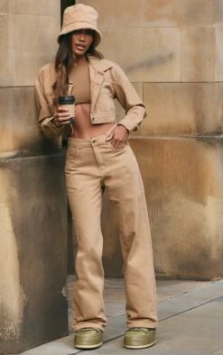 Prettylittlething Mocha With Contrast Stitch Crop Denim Jacket Mocha