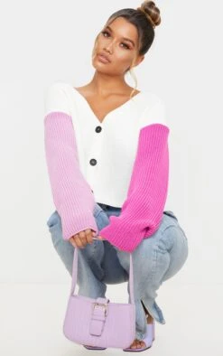 Prettylittlething Pink Color Block Button Up Cropped Cardigan Pink