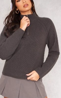 Prettylittlething Charcoal Grey Ripple Knit Half Zip Sweater Charcoal Grey -Prettylittlething ec58e0f5e5c70e3e3acba0453d89893a49cebdff cng7693 4