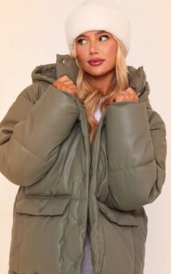 Prettylittlething Sage Green Hooded Faux Leather Statement Pocket Puffer Coat Sage Green -Prettylittlething ed720b99a906cf375d5b842cb2f2cc21a3641ce9 cnf4855 4