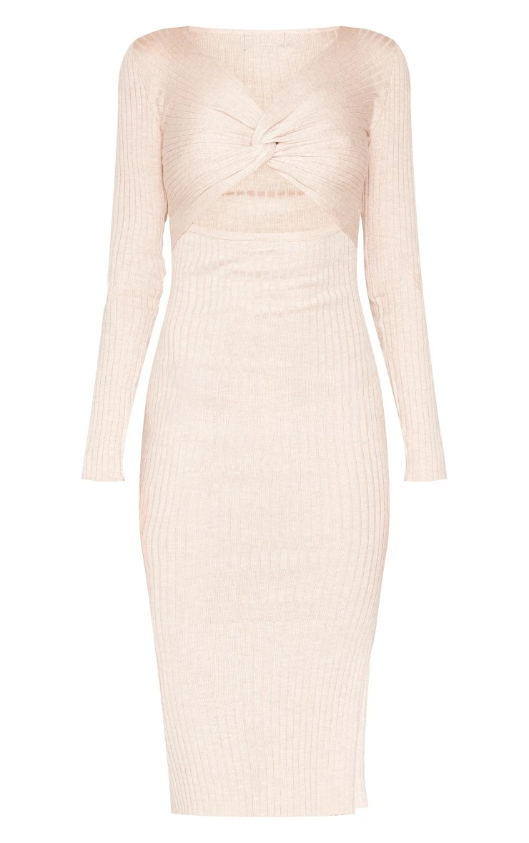 Prettylittlething Oatmeal Long Sleeve Knot Detail Midi Dress Oatmeal 5 Prettylittlething Oatmeal Long Sleeve Knot Detail Midi Dress Oatmeal - Image 5
