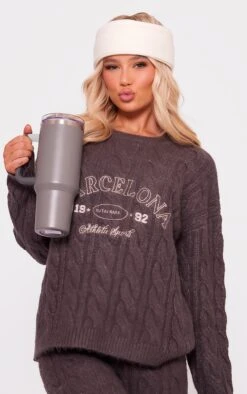 Prettylittlething Grey Barcelona Embroided Brushed Chunky Knit Sweater Grey