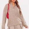 Prettylittlething Taupe Knitted Slouchy Half Zip Sweater Taupe
