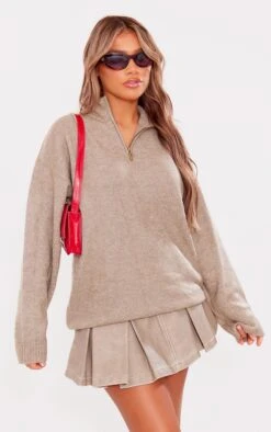 Prettylittlething Taupe Knitted Slouchy Half Zip Sweater Taupe
