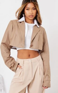 Prettylittlething Taupe Premium Cropped Boxy Blazer Taupe
