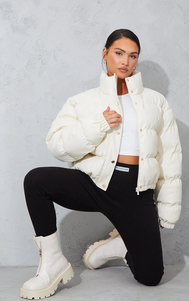 Prettylittlething Cream Faux Leather Elastic Hem Bubble Puffer Cream 3 Prettylittlething Cream Faux Leather Elastic Hem Bubble Puffer Cream - Image 3