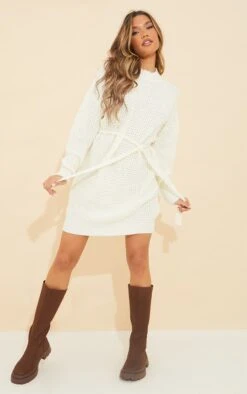 Prettylittlething Cream Soft Belted Knitted Sweater Dress Cream