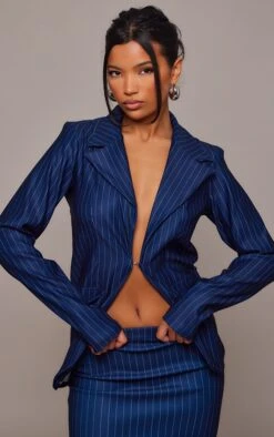 Prettylittlething Navy Pinstripe Stretch Woven Oversized Blazer Navy