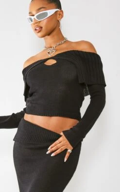 Prettylittlething Black Fold Over Key Hole Knit Sweater Black