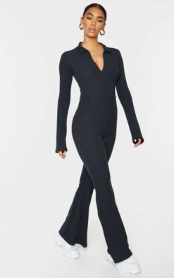 Prettylittlething Black Rib Collar Detail Flare Leg Jumpsuit Black -Prettylittlething f50f4e0b13275047183e9181933f1345689f2ffc cmu6466 3