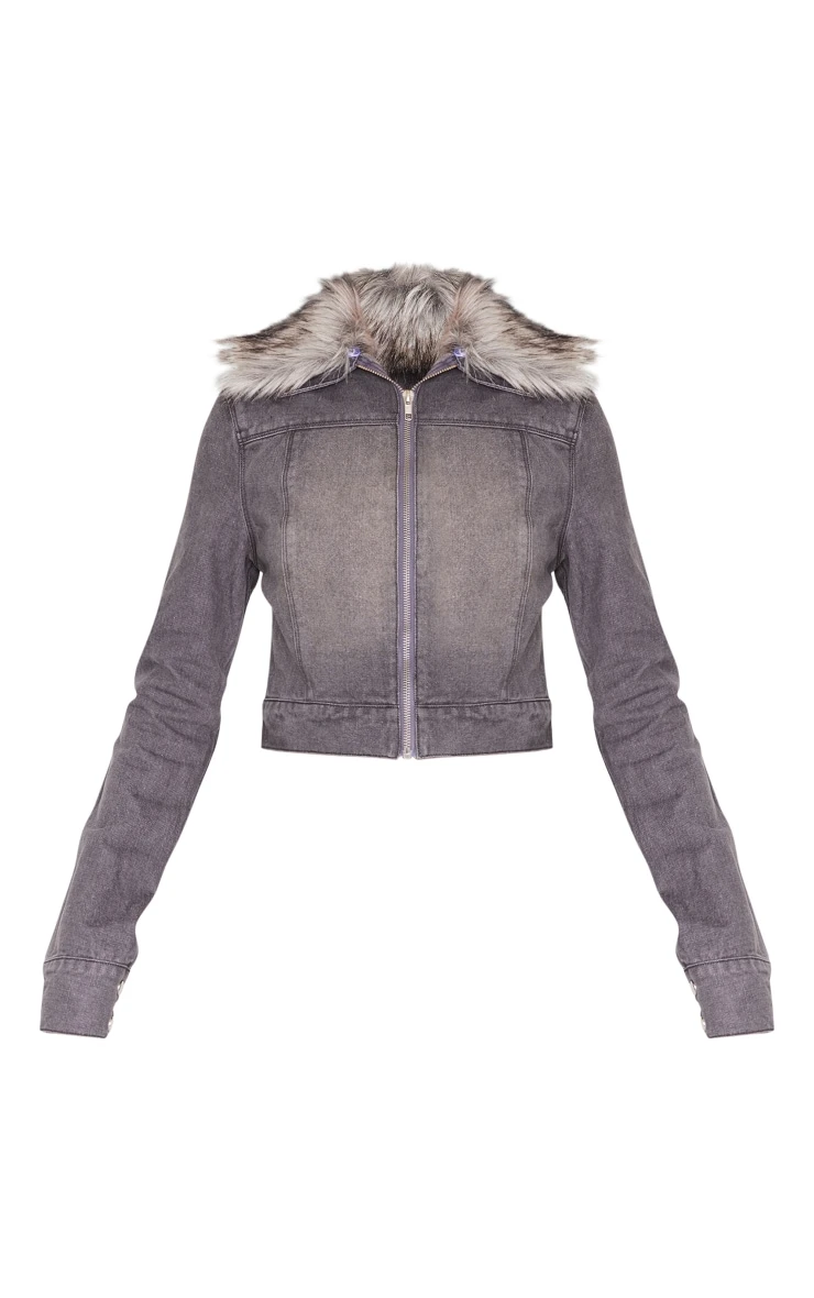 Prettylittlething Washed Grey Faux Fur Trim Denim Biker Jacket Washed Grey 5 Prettylittlething Washed Grey Faux Fur Trim Denim Biker Jacket Washed Grey - Image 5