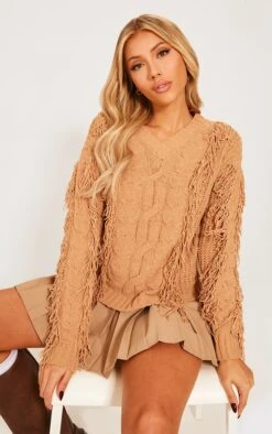 Prettylittlething Tan Chenille Long Sleeve Cable Knit Pullover Sweatshirt Tan