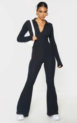 Prettylittlething Black Rib Collar Detail Flare Leg Jumpsuit Black