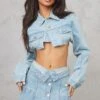 Prettylittlething Petite Light Blue Wash Distressed Super Cropped Denim Jacket Light Blue Wash