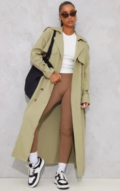 Prettylittlething Khaki Panel Detail Belted Trench Coat Khaki