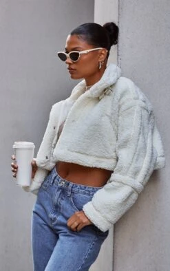 Prettylittlething Cream Buckle Collar Borg Aviator Jacket Cream