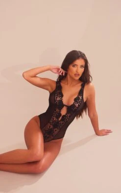 Prettylittlething Black Mesh Deep Plunge Crochet Lace Bodysuit Black