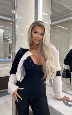 Prettylittlething Black Cropped Denim Borg Contrast Aviator Jacket Black