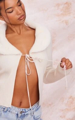 Prettylittlething Cream Faux Fur Collar Rib Knit Cardigan Cream -Prettylittlething fa438a439679f5cdbcf08ed66d3ed14539d70e03 cnf0432 4
