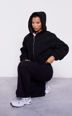 Prettylittlething Black Borg Hooded Zip Through Jacket Black