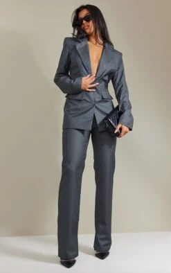 Prettylittlething Charcoal Woven Tailored Split Hem Straight Leg Pants Charcoal