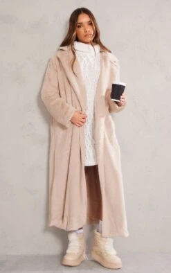 Prettylittlething Beige Premium Soft Faux Fur Tailored Maxi Coat Beige