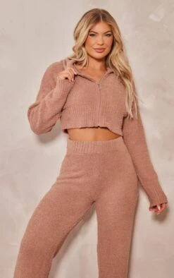 Prettylittlething Brown Teddy Knit Cropped Zip Hoodie Brown