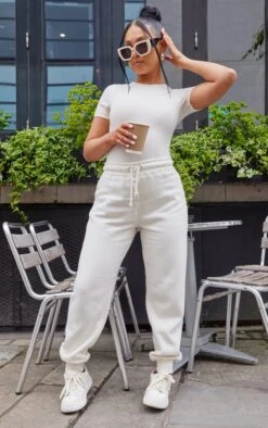 PRETTYLITTLETHING Off White High Waisted Washed Cuffed Sweatpants Off White